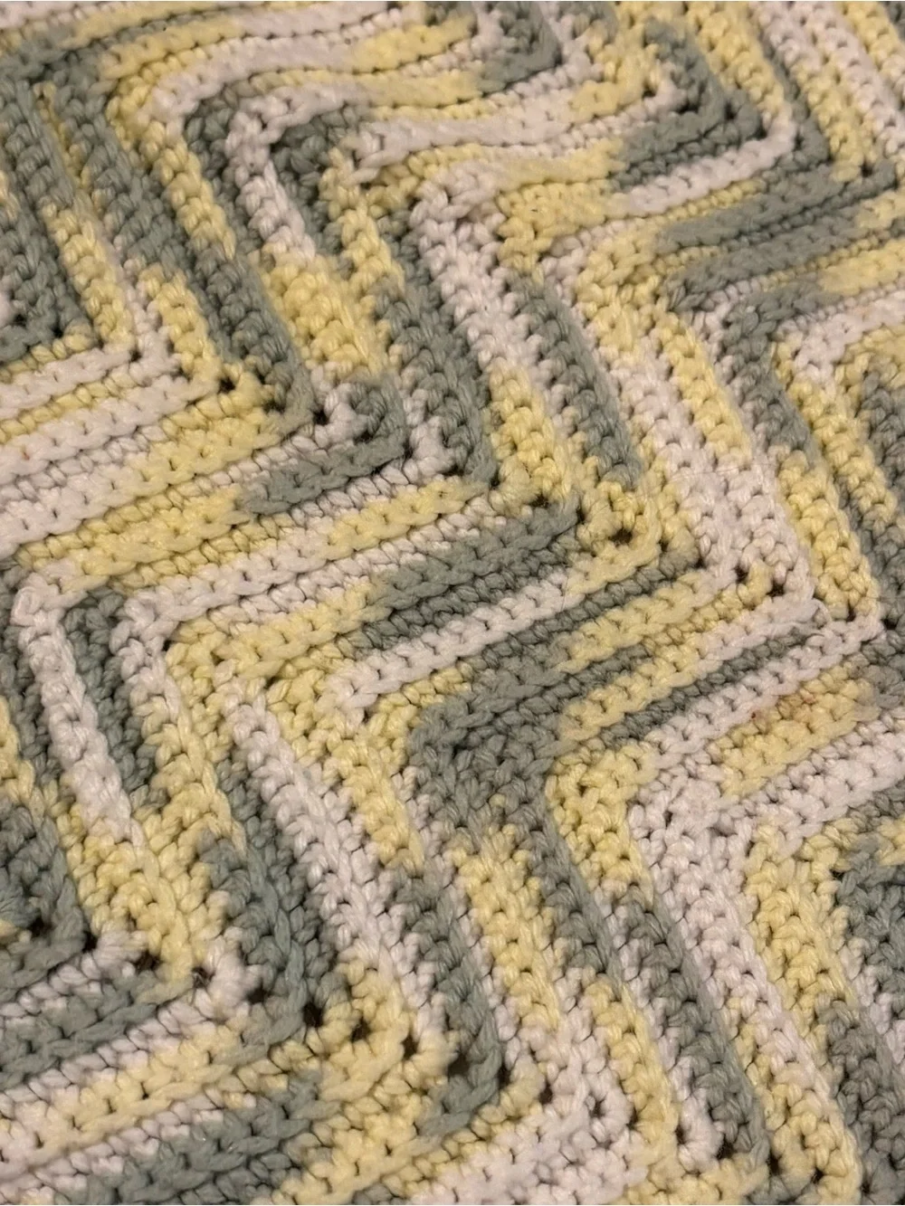 Handmade Chevron Baby Blanket in Yellow, Cream & Gray Ripple Stich Approx 30x30’